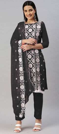 Black and Grey color Salwar Kameez in Georgette fabric with Embroidered, Thread work