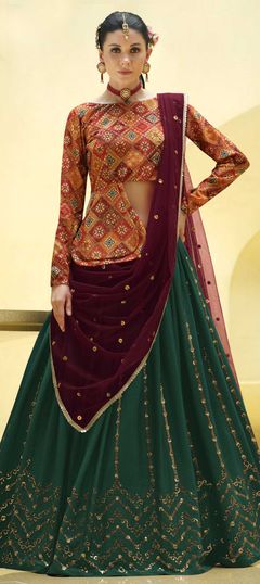 Festive, Navratri Green color Ready to Wear Lehenga in Crepe Silk fabric with A Line Foil Print, Sequence work : 1861126