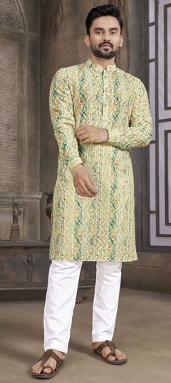 Green color Kurta Pyjamas in Cotton fabric with Digital Print, Sequence work