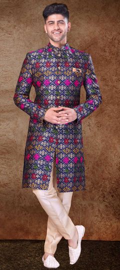 Blue color Sherwani in Silk fabric with Weaving work