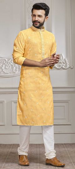 Yellow color Kurta Pyjamas in Cotton fabric with Embroidered, Thread work