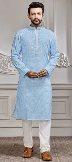 Blue color Kurta Pyjamas in Cotton fabric with Embroidered, Thread work