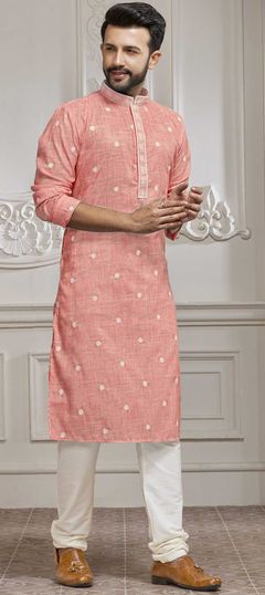 Pink and Majenta color Kurta Pyjamas in Cotton fabric with Embroidered, Thread work