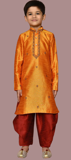 Orange color Boys Dhoti Kurta in Art Silk fabric with Embroidered, Resham, Thread work : 1861264