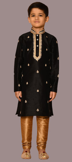 Black and Grey color Boys Kurta Pyjama in Art Silk fabric with Embroidered, Resham, Thread work : 1861351