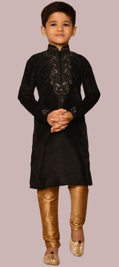 Black and Grey color Boys Kurta Pyjama in Art Silk fabric with Embroidered, Resham, Thread work : 1861367