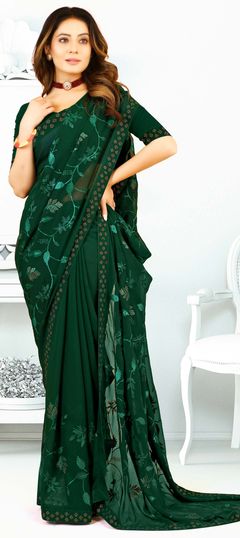 Green color Saree in Georgette fabric with Embroidered, Stone, Thread work