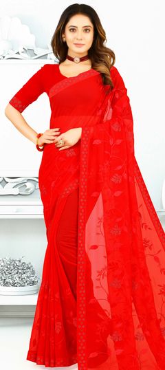 Red and Maroon color Saree in Georgette fabric with Thread, Weaving, Zari work