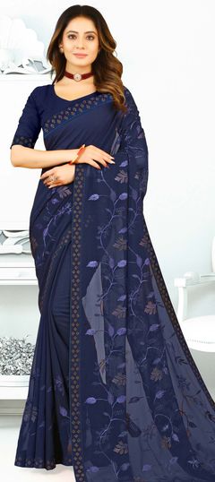 Blue color Saree in Georgette fabric with Thread, Weaving, Zari work