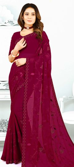 Red and Maroon color Saree in Georgette fabric with Thread, Weaving, Zari work