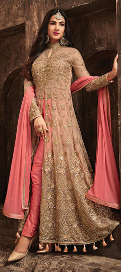 Beige and Brown color Salwar Kameez in Net fabric with Embroidered, Stone, Thread, Zari work