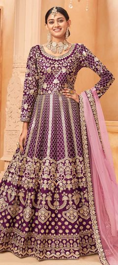 Purple and Violet color Gown in Art Silk fabric with Embroidered, Zari work