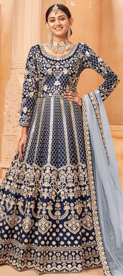Black and Grey color Gown in Art Silk fabric with Embroidered, Zari work