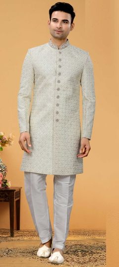 White and Off White color IndoWestern Dress in Art Silk fabric with Embroidered, Sequence, Stone, Thread work