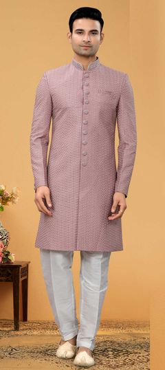 Pink and Majenta color IndoWestern Dress in Art Silk fabric with Embroidered, Sequence, Thread work