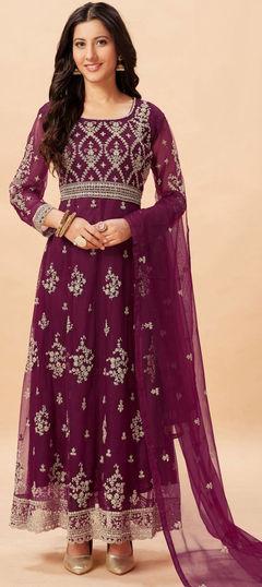 Reception, Wedding Purple and Violet color Salwar Kameez in Net fabric with Anarkali Embroidered work : 1861769