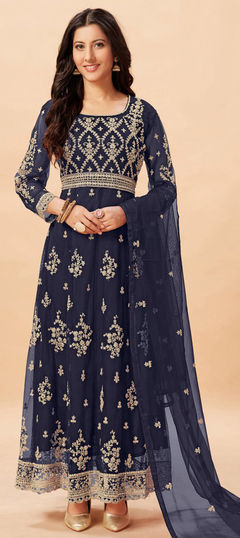 Reception, Wedding Blue color Salwar Kameez in Net fabric with Anarkali Embroidered work : 1861771