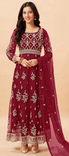 Reception, Wedding Red and Maroon color Salwar Kameez in Net fabric with Anarkali Embroidered work : 1861774