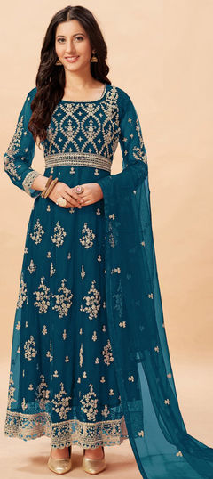 Reception, Wedding Blue color Salwar Kameez in Net fabric with Anarkali Embroidered work : 1861776