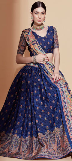Blue color Lehenga in Art Silk fabric with Digital Print, Embroidered work