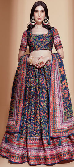 Multicolor color Lehenga in Art Silk fabric with Digital Print, Embroidered work