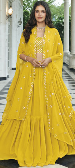 Yellow color Ready to Wear Lehenga in Faux Georgette fabric with Embroidered, Sequence work