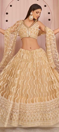 Beige and Brown color Lehenga in Net fabric with Embroidered, Sequence, Thread work