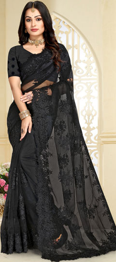 Party Wear, Reception Black and Grey color Saree in Net fabric with Classic Embroidered, Resham, Stone, Thread work : 1862574