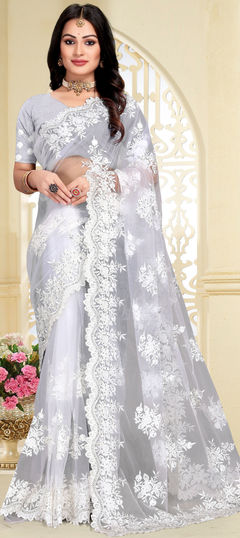 Party Wear, Reception White and Off White color Saree in Net fabric with Classic Embroidered, Resham, Stone, Thread work : 1862576