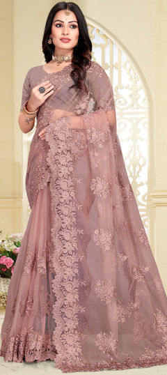 Party Wear, Reception Pink and Majenta color Saree in Net fabric with Classic Embroidered, Resham, Stone, Thread work : 1862581