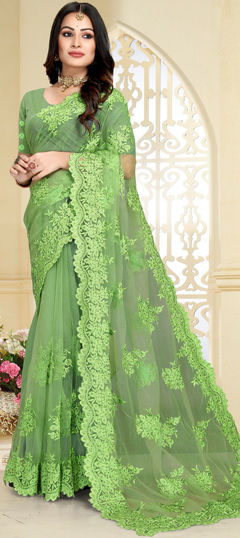 Green color Saree in Net fabric with Embroidered, Resham, Stone, Thread work