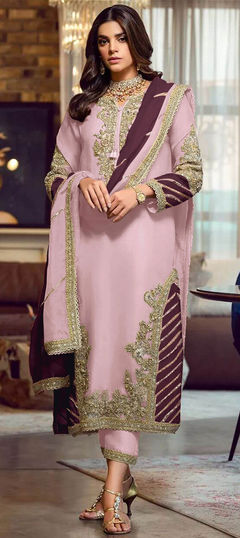 Party Wear Pink and Majenta color Salwar Kameez in Faux Georgette fabric with Straight Embroidered, Thread, Zari work : 1862618