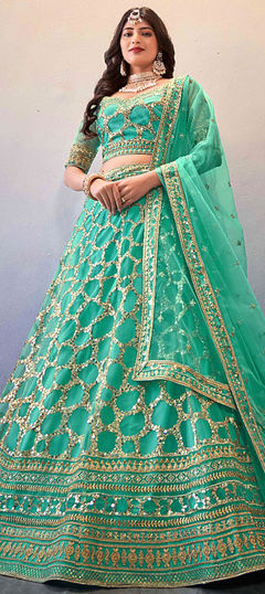 Green color Lehenga in Net fabric with Mirror, Sequence, Thread work