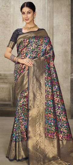 Black and Grey color Saree in Banarasi Silk fabric with Printed, Weaving work