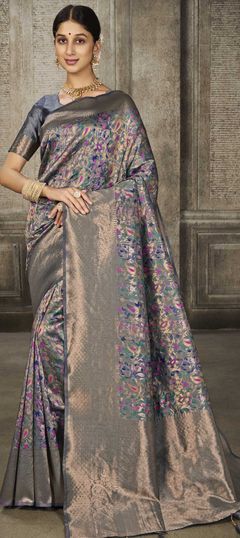 Black and Grey color Saree in Banarasi Silk fabric with Printed, Weaving work