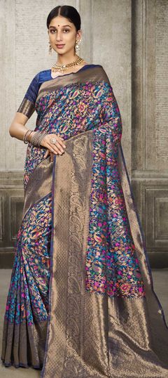 Blue color Saree in Banarasi Silk fabric with Printed, Weaving work