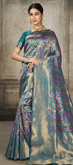 Blue color Saree in Banarasi Silk fabric with Printed, Weaving work