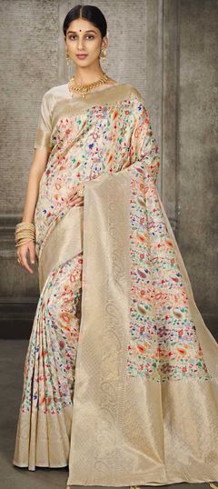 White and Off White color Saree in Banarasi Silk fabric with Printed, Weaving work