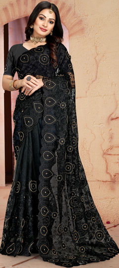 Black and Grey color Saree in Net fabric with Embroidered work