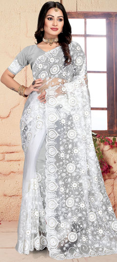 White and Off White color Saree in Net fabric with Embroidered work