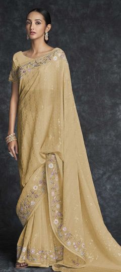 Yellow color Saree in Georgette fabric with Embroidered, Resham, Sequence, Thread work