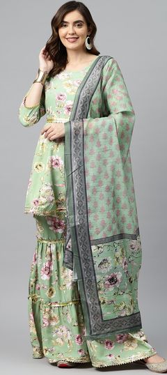 Party Wear Green color Salwar Kameez in Muslin fabric with Anarkali Floral, Gota Patti, Printed work : 1862698