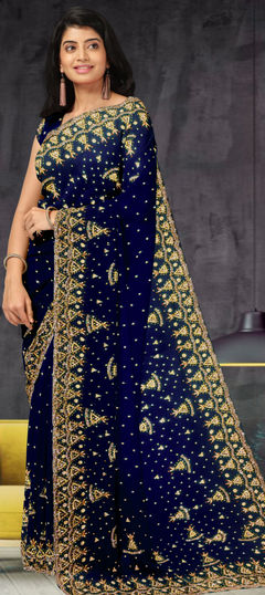 Blue color Saree in Georgette fabric with Cut Dana, Stone work