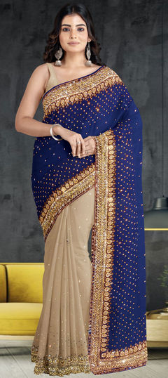 Beige and Brown, Blue color Saree in Georgette fabric with Cut Dana work