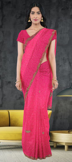 Pink and Majenta color Saree in Jacquard fabric with Stone, Thread work