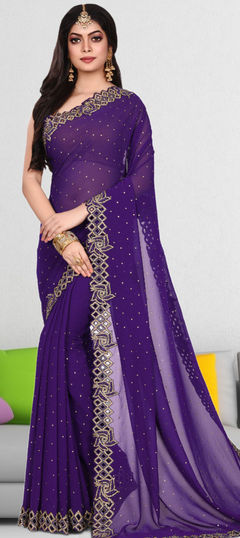 Purple and Violet color Saree in Georgette fabric with Stone, Weaving work