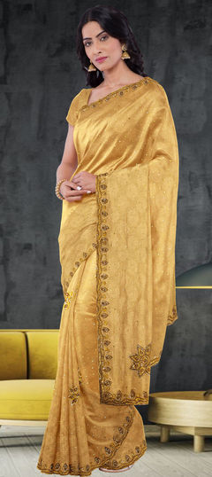 Beige and Brown color Saree in Jacquard fabric with Cut Dana work