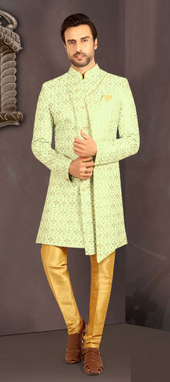 Green color IndoWestern Dress in Jacquard fabric with Weaving work