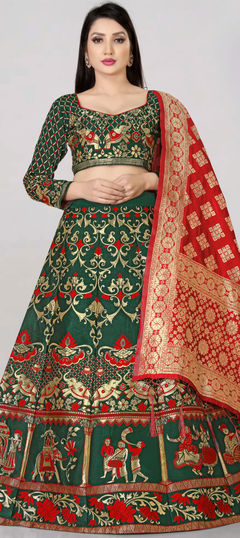 Green color Lehenga in Banarasi Silk fabric with Printed, Weaving work