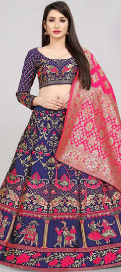 Blue color Lehenga in Banarasi Silk fabric with Printed, Weaving work
